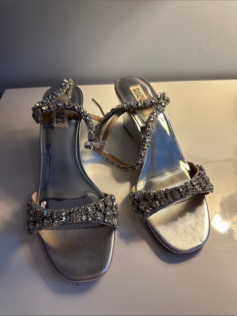 Badgley Mischka Silver Crystal Embellished Evening Heels